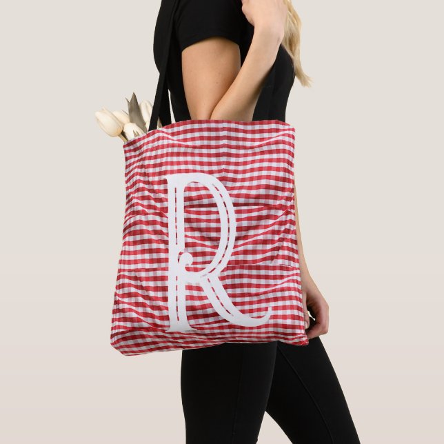 Letter R Chequered Tablecloth Tote Bag (Close Up)