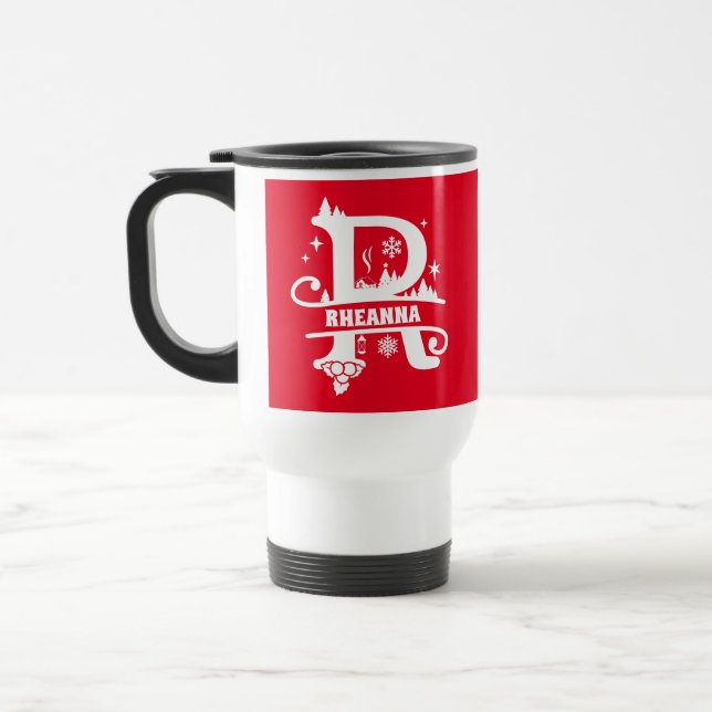 Letter R Christmas Monogram Initial Name Red  Travel Mug (Left)