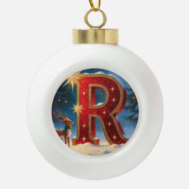 Letter R Christmas Reindeer Personalized Initial Ceramic Ball Christmas Ornament (Front)