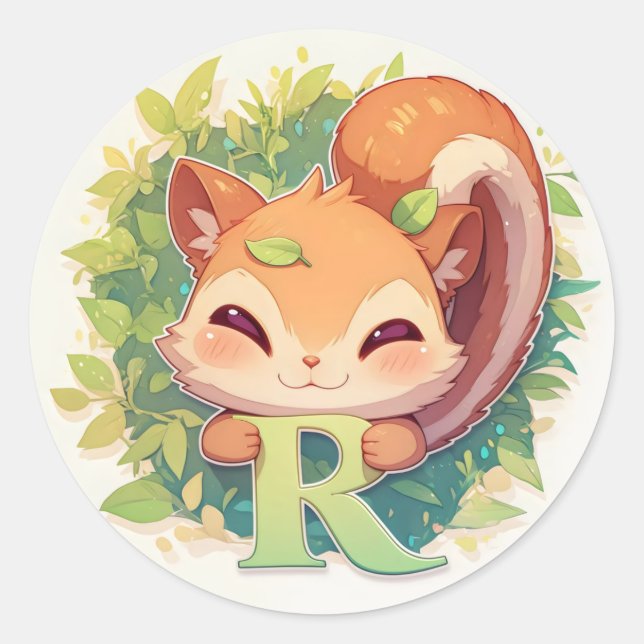 Letter R Cute Squirrel  Classic Round Sticker (Front)
