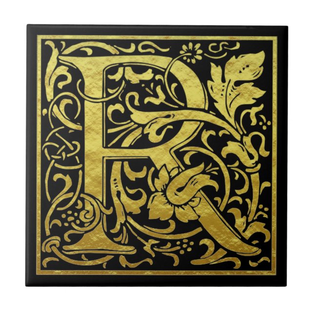 Letter R First Letter Faux Gold Black Tile (Front)