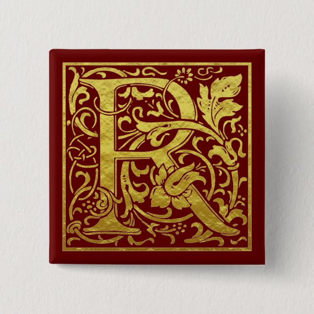 Letter R First Letter Faux Gold Red 15 Cm Square Badge (Front)