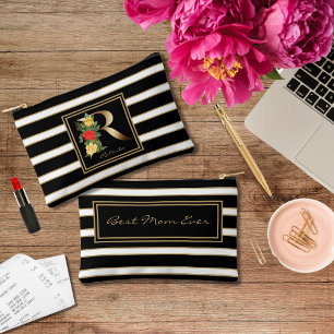 Letter R Floral Monogram Black White Gold Stripes Accessory Pouch