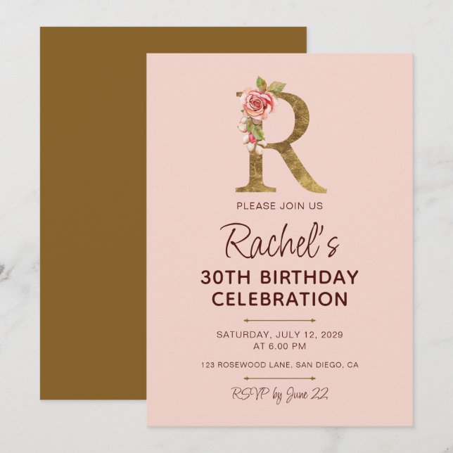 Letter R Gold Monogram Blush Pink Roses Invitation (Front/Back)