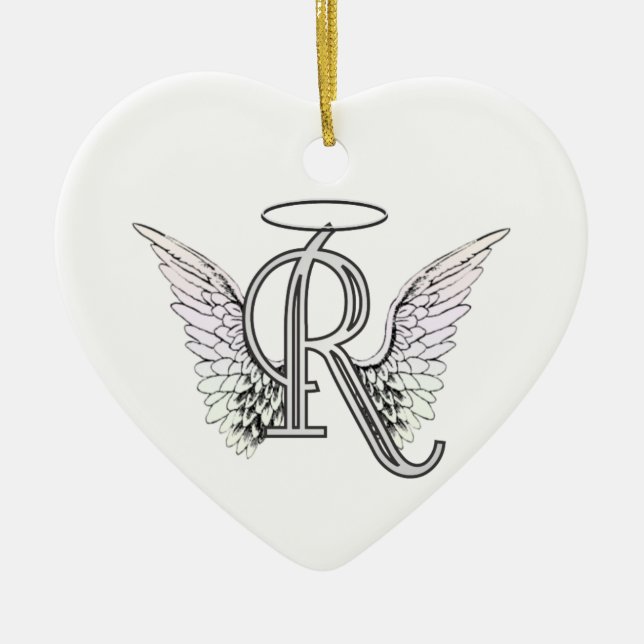 Letter R Initial Monogram with Angel Wings & Halo Ceramic Tree Decoration (Front)