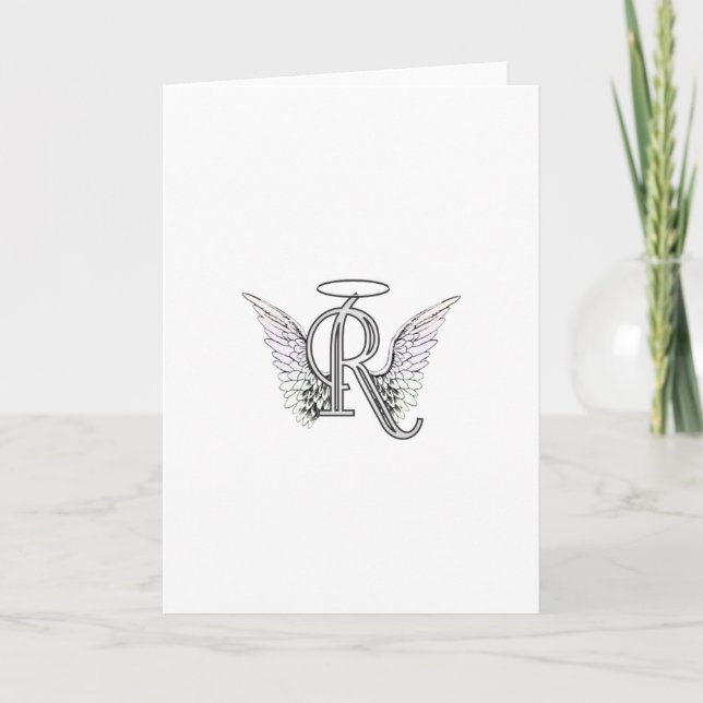 Letter R Initial Monogram with Angel Wings & Halo Note Card (Front)