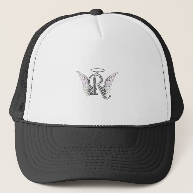 Letter R Initial Monogram with Angel Wings & Halo Trucker Hat (Front)
