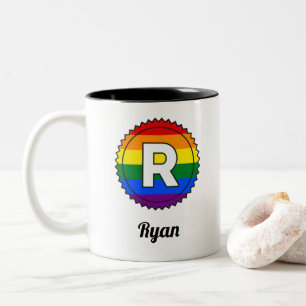 Letter R Initial & Name Gay Pride Rainbow Monogram Two-Tone Coffee Mug