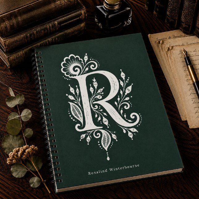 Letter R Linocut Botanical Monogram Notebook (Creator Uploaded)