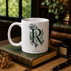 Letter R Linocut Botanical Personalised Mug