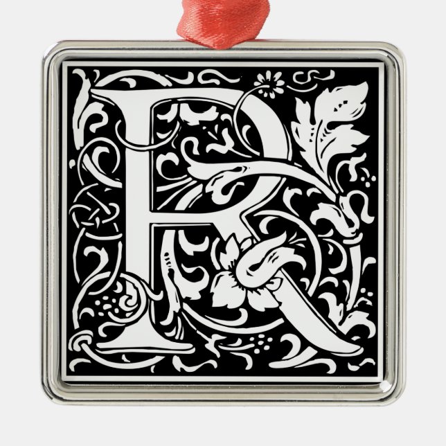 Letter R Mediaeval Monogram Art Nouveau Metal Tree Decoration (Front)