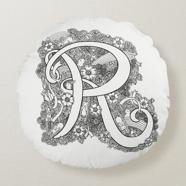 Letter R mono doodle tangled pattern round pillow (Front)