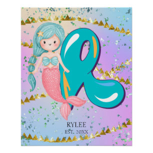 Letter R Monogram Watercolor Cute Mermaid Nursery Poster