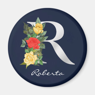 Letter R Name Floral White Metallic Monogram Magnet