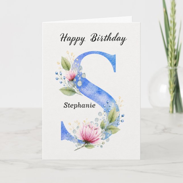 Letter S Birthday Custom Name Her Blue Monogram Card (Front)