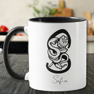 Letter S Black Monogram–Snake & Bloom Minimalist Mug