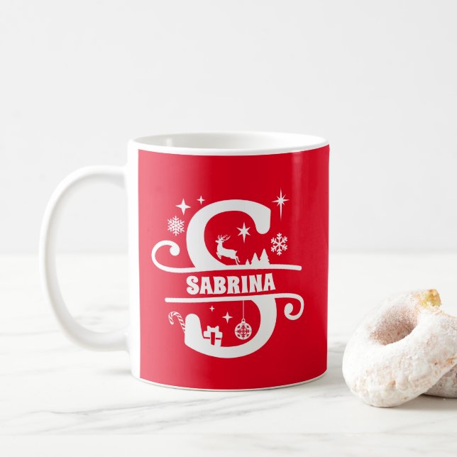 Letter S Christmas Monogram Initial Name Red Coffee Mug (With Donut)