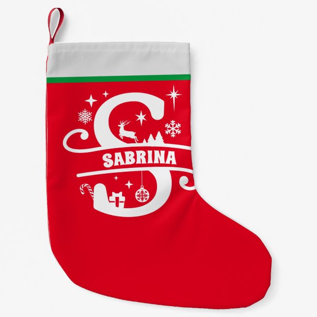 Letter S Christmas Monogram Initial Name Red White Small Christmas Stocking (Front)