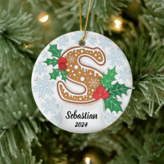 Letter S Custom Name Monogram Christmas Ceramic Tree Decoration