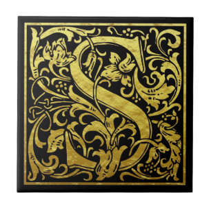 Letter S First Letter Faux Gold Black Tile
