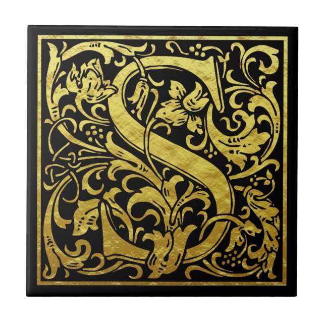Letter S First Letter Faux Gold Black Tile (Front)