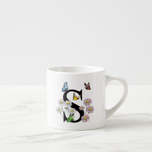 Letter S Floral Butterfly Monogram Initial   Espresso Cup (Right)