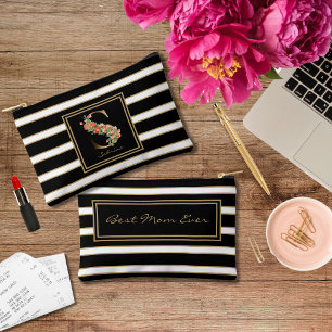 Letter S Floral Monogram Black White Gold Stripes Accessory Pouch