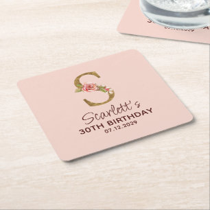 Letter S Gold Monogram Blush Pink Roses Square Paper Coaster