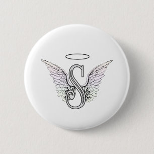 Letter S Initial Monogram with Angel Wings & Halo 6 Cm Round Badge