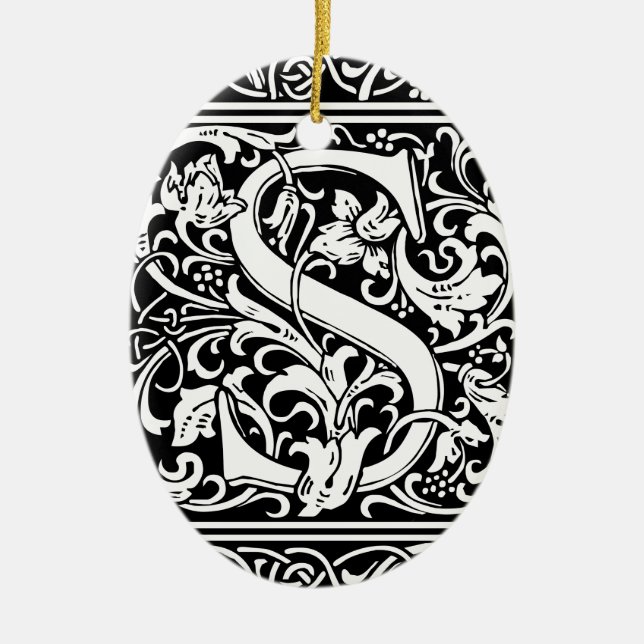 Letter S Mediaeval Monogram Art Nouveau Ceramic Tree Decoration (Front)