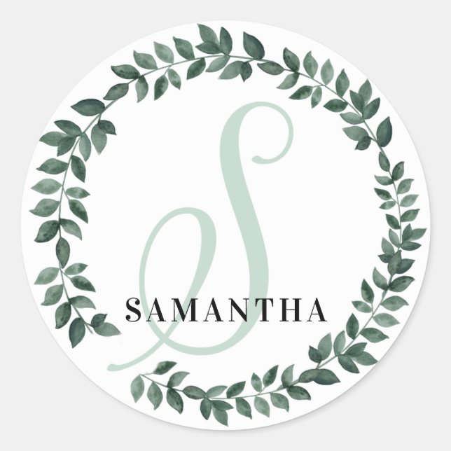 Letter S Monogram Custom Name Minimalist Botanical Classic Round Sticker (Front)