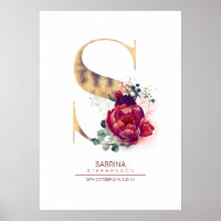 Letter S Monogram Floral Burgundy Red and Gold