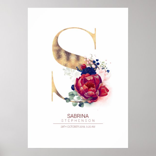 Letter S Monogram Floral Navy Blue and Burgundy Poster (Front)