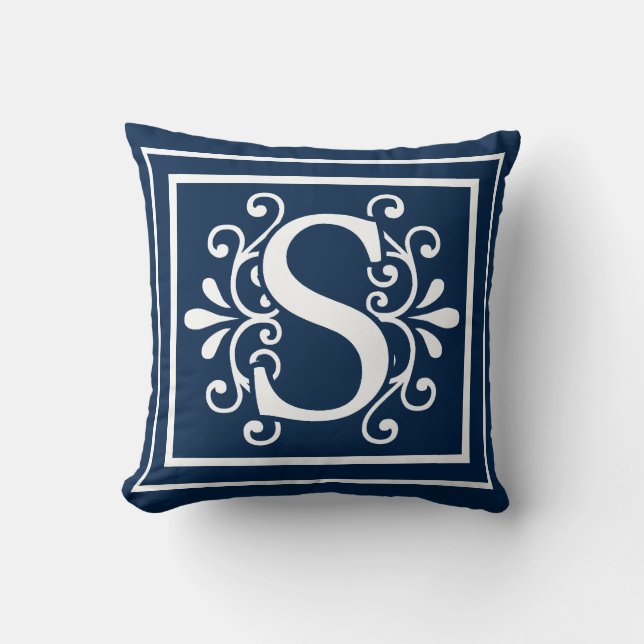 Letter S Monogram Navy Blue White Cushion (Front)