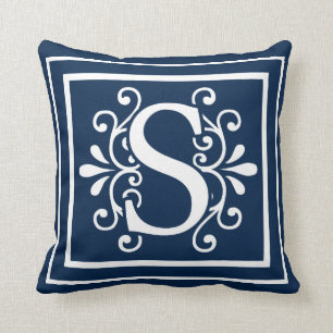 Letter S Monogram Navy Blue White Cushion