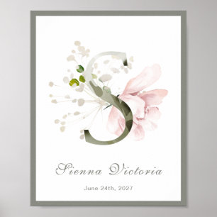Letter S Monogram Pink Floral Nursery Poster
