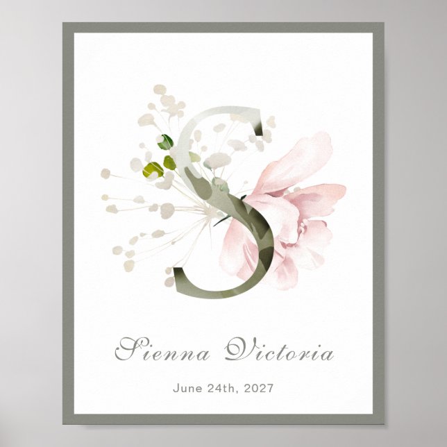 Letter S Monogram Pink Floral Nursery Poster (Front)