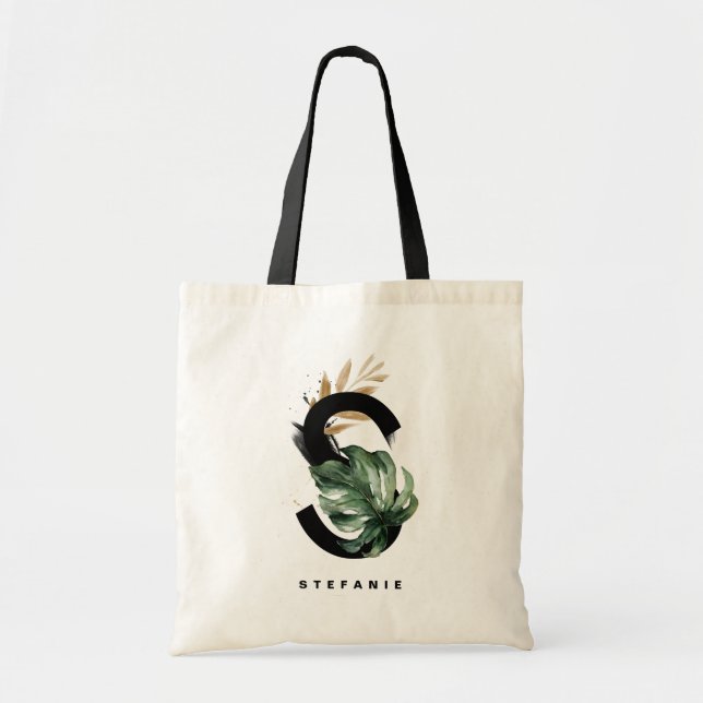 Letter S Monogram | Tropical Leaves Bridesmaid Tote Bag (Front)