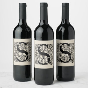 Letter S Monogram Vintage Celtic Knot Print Wine Label