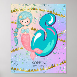 Letter S Monogram Watercolor Cute Mermaid Nursery Poster