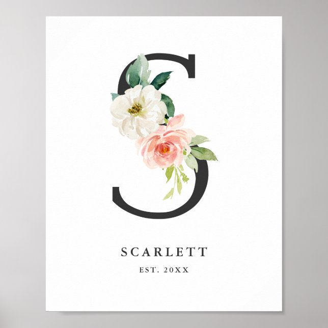 Letter S Monogram Watercolor Peach Florals Nursery Poster (Front)