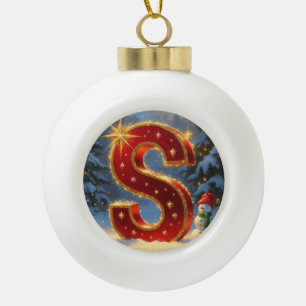 Letter S Snowman Personalised Monogram Holiday Ceramic Ball Christmas Ornament