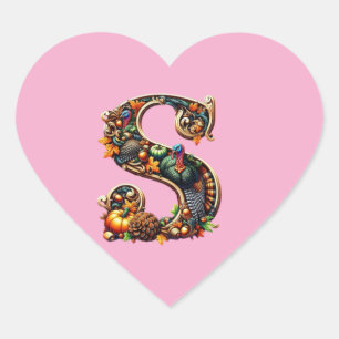 Letter S Thanksgiving turkey style gift Heart Sticker