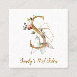 Letter S with Gold Geometric Design and Flowers Square Business Card