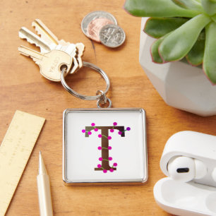 Letter T decorative initial on white Key Ring