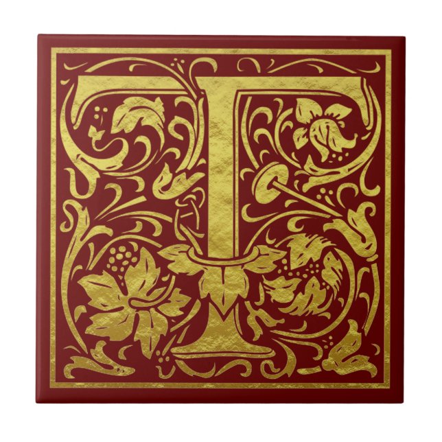 Letter T First Letter Faux Gold Red Tile (Front)