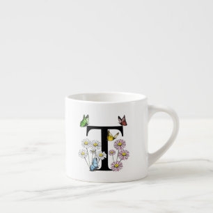 Letter T Floral Butterfly Monogram Initial  Espresso Cup