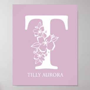 Letter T Floral Monogram Name Nursery Modern Poster