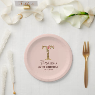 Letter T Gold Monogram Blush Pink Roses Paper Plate