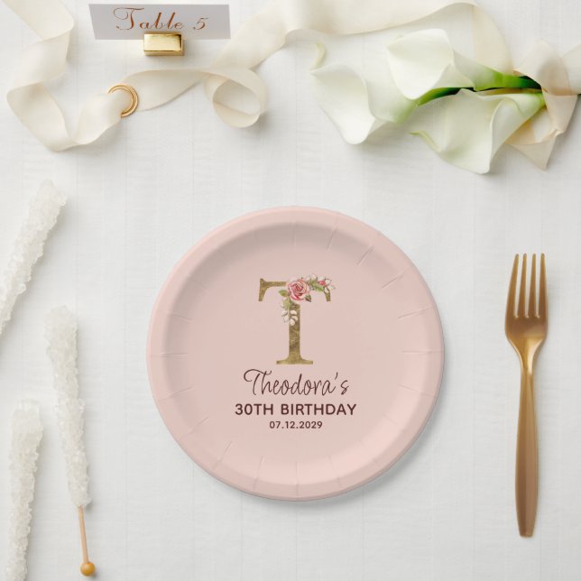 Letter T Gold Monogram Blush Pink Roses Paper Plate (Wedding)